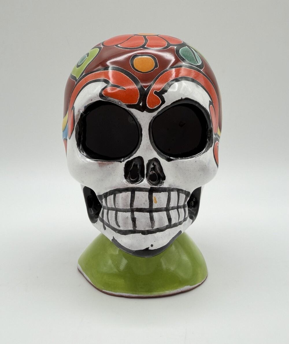 Talavera Mexican Pottery Day of the Dead Skull Figurine 5” Hand Painted Mexico